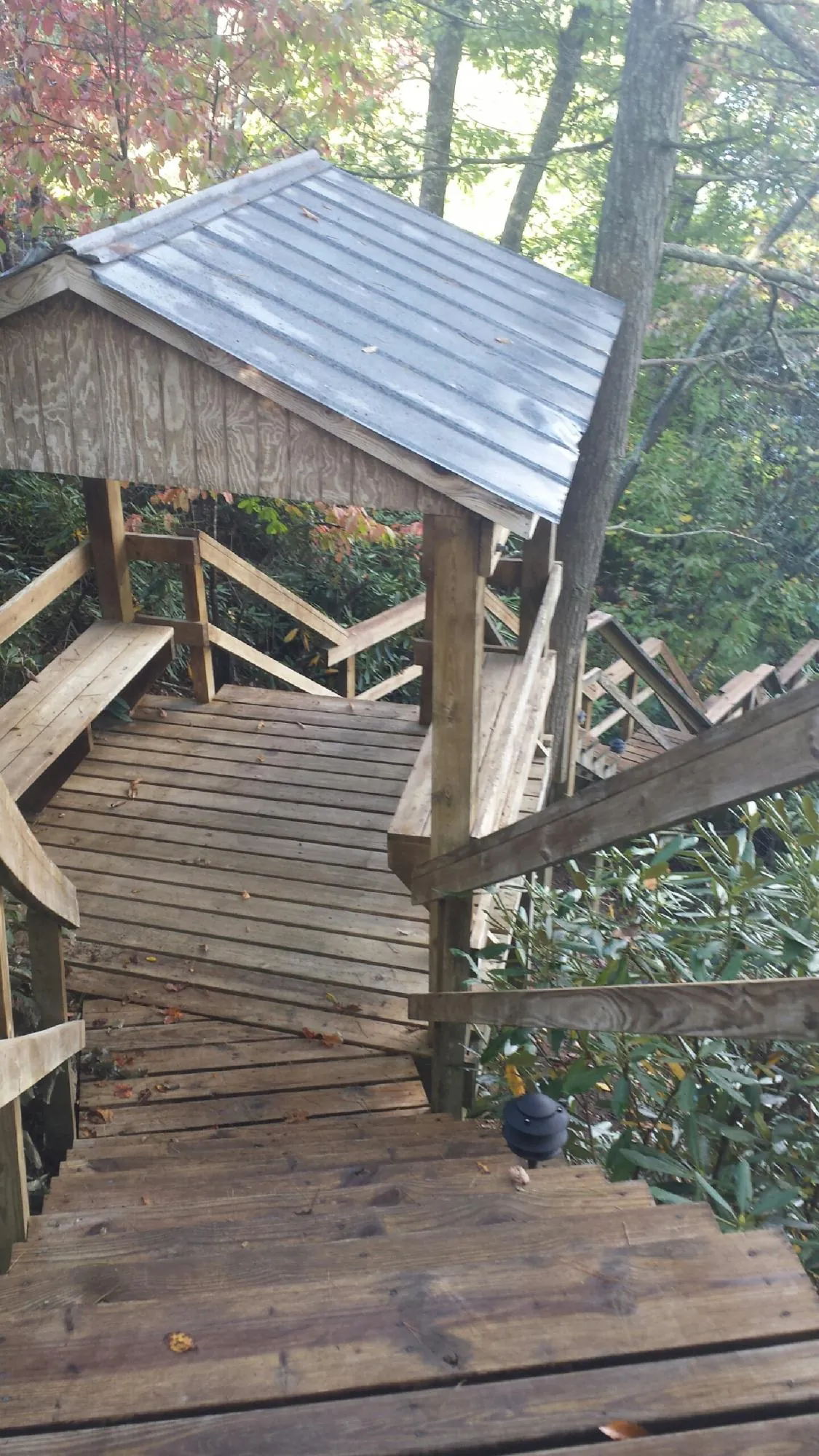 Metal roofed shelter over wooden steps on a wooded walkway — Skylight Repair & Installation work by our crew in Orange City